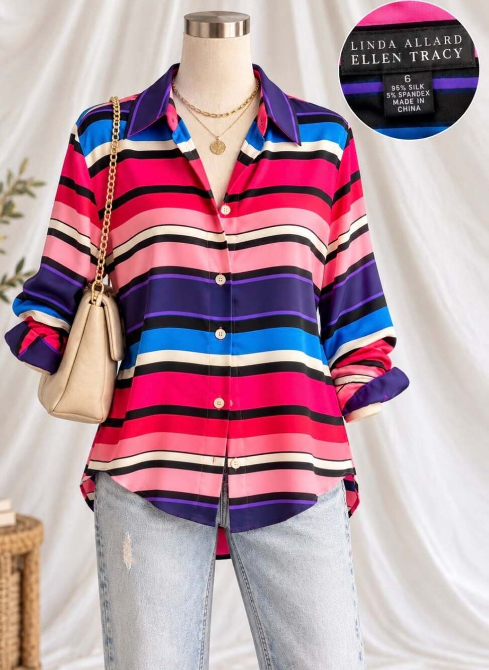 Linda Allard Ellen Tracy 100% Silk Striped Blouse Size 6 Colorful 90s